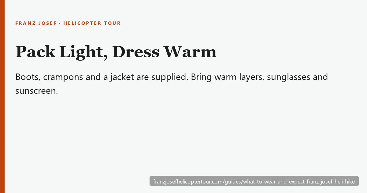 Packing card for the Franz Josef heli-hike: what to wear, what the operator supplies, and the 35 to 115 kg weight range